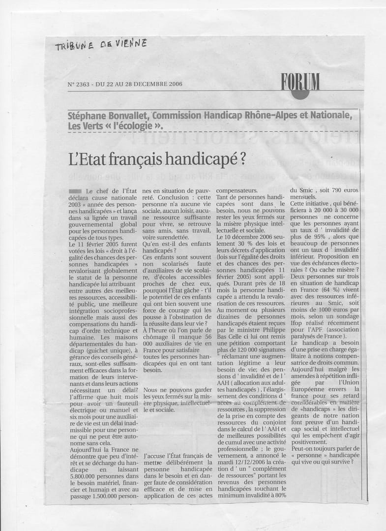 Etat francais handicapé: article politique handicap stéphane bonvallet